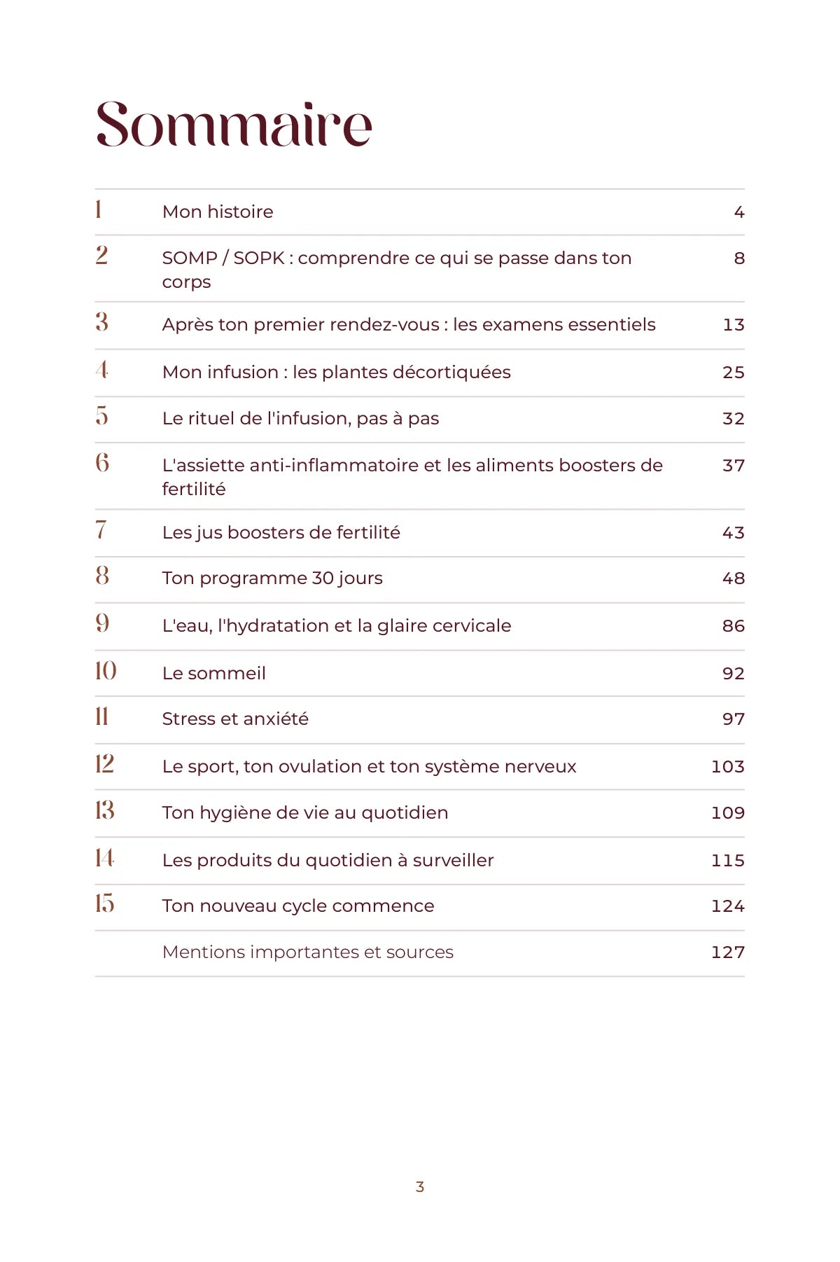 Sommaire de l'ebook SOMP / SOPK : 15 chapitres, de l'histoire de Sarah au programme 30 jours