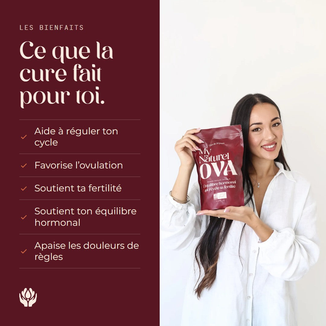 Les bienfaits de la cure : aide à réguler ton cycle, favorise l'ovulation, soutient ta fertilité et ton équilibre hormonal, apaise les douleurs de règles